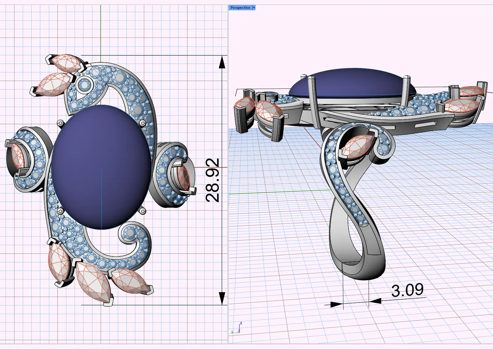 3D ring design featuring a bird, an oval cabochon center stone, marquise stones, and round stones. How many design revisions are included, and can I make changes later?