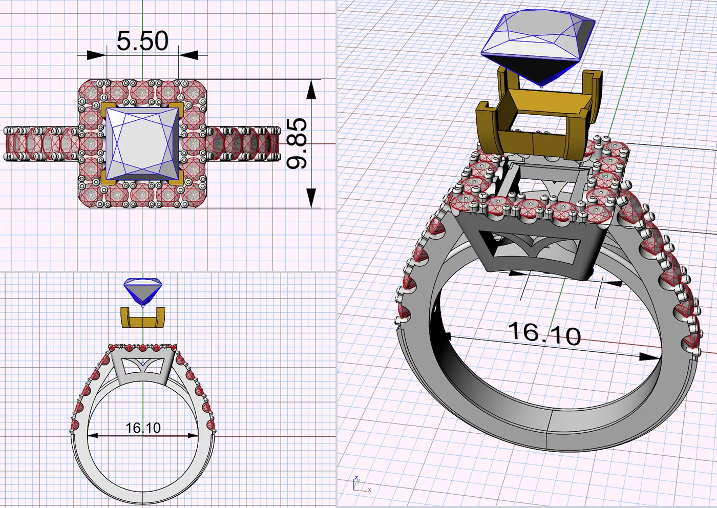 Engagement ring 3D CAD model with a square stone and round stones.