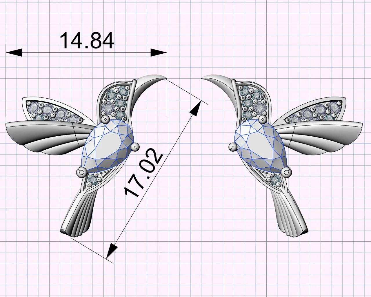 3D design of hummingbird stud earrings featuring round and pear-shaped stones.