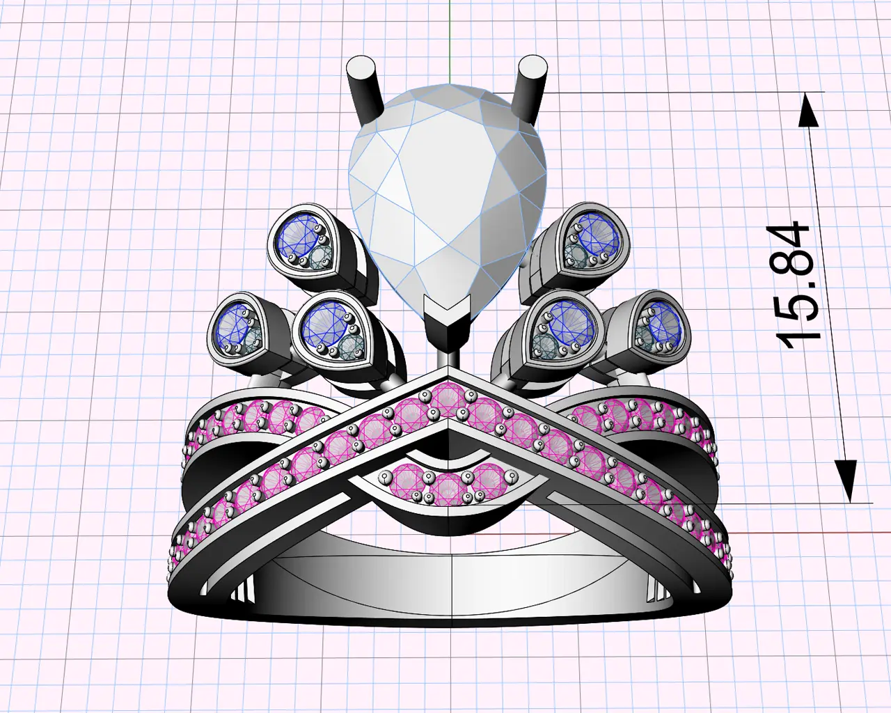 3D CAD model of a custom ring with round stones and a pear-cut center stone. 3D CAD model of a custom ring with round stones and a pear-cut center stone.