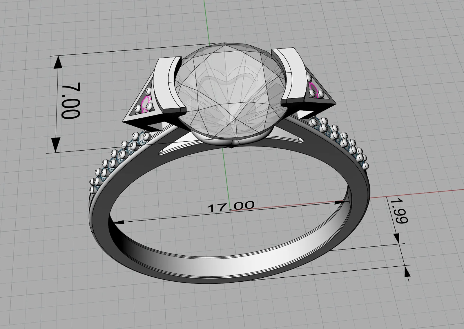 CAD model of an engagement ring with a round stone