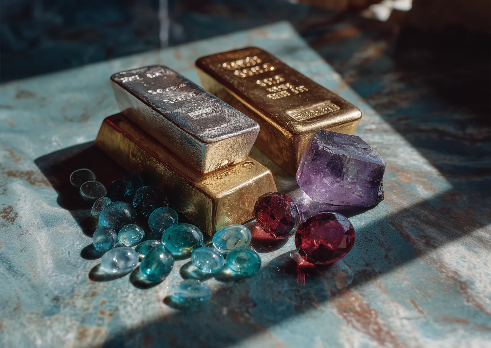 Gold, platinum, silver bars, diamonds, rubies, sapphires, emeralds lie on the light table. What materials and gemstones can I choose for a custom piece?