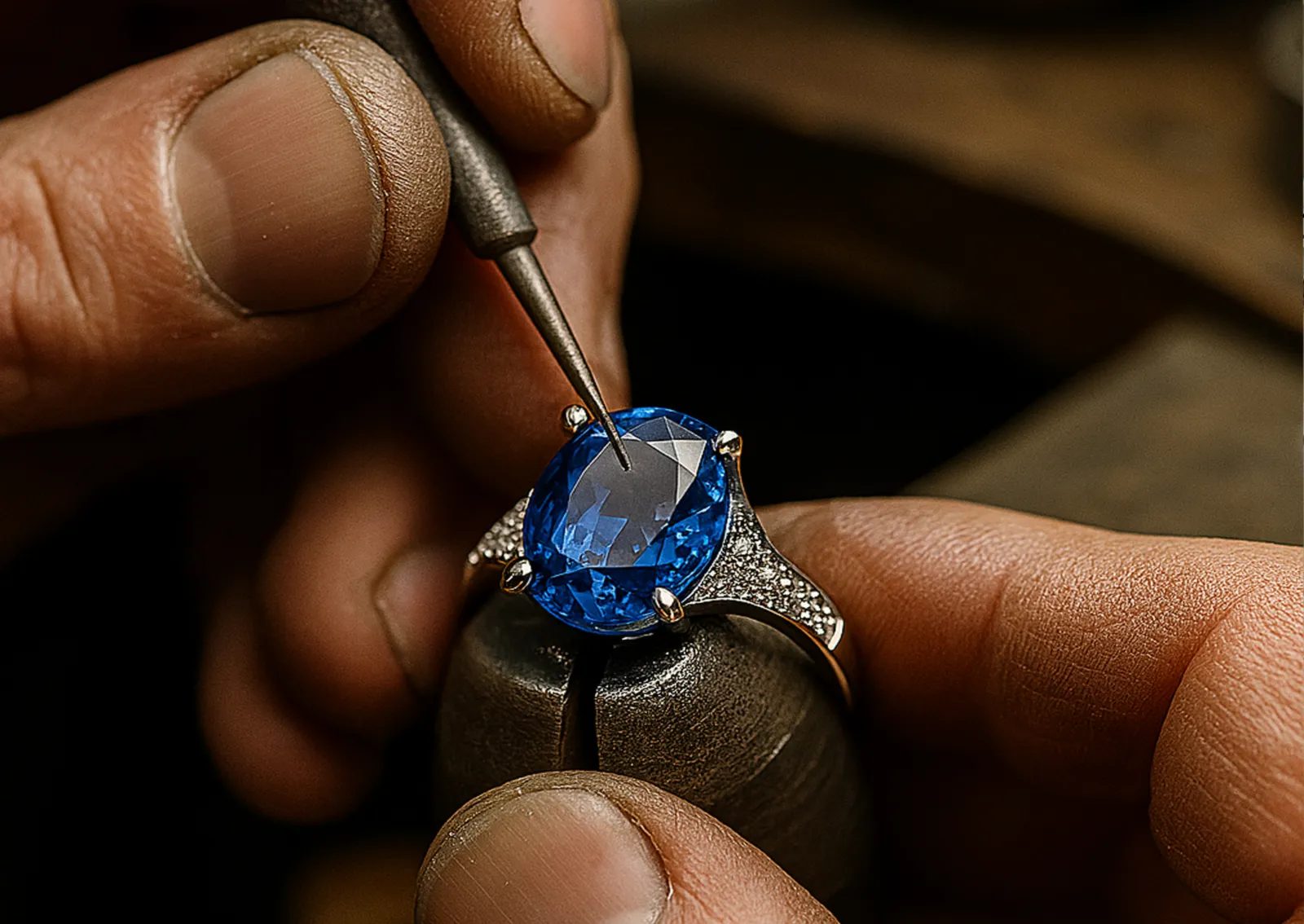 A jeweler at CJD Fine Jewelry is setting a blue oval sapphire into a ring while working at the bench.