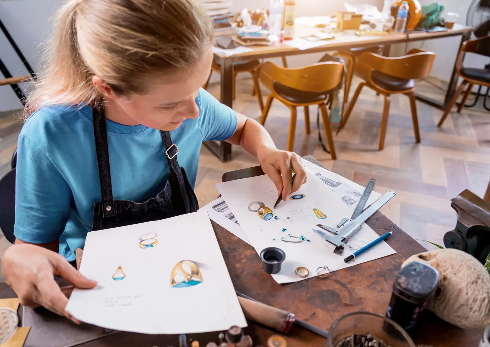 An artist and jewelry designer creates a custom ring with sapphires.