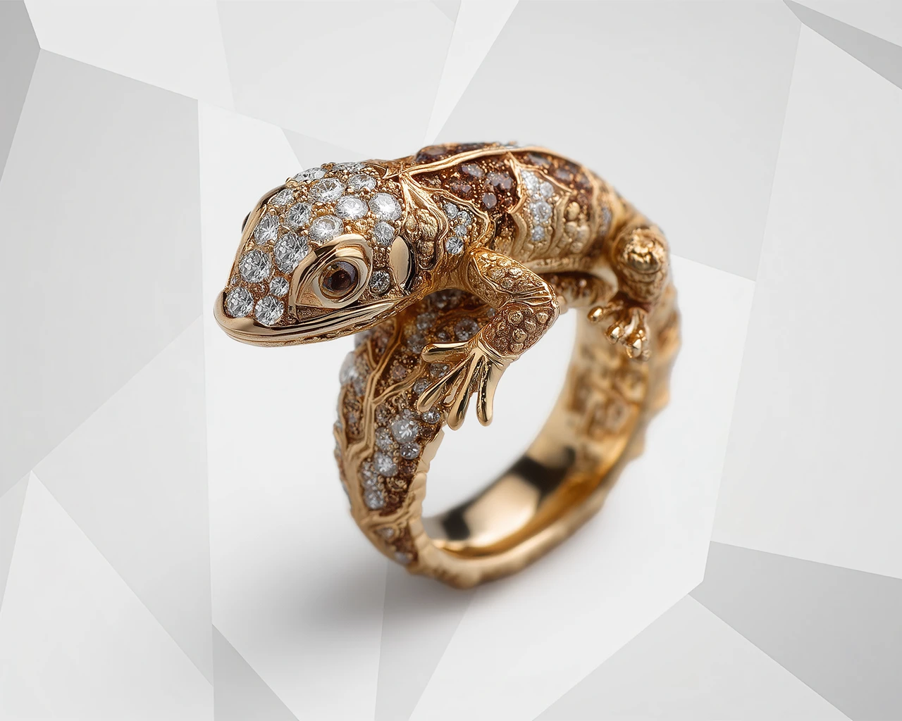 Custom sculpted gold lizard ring with diamonds and smoky quartz. Can I see your past custom jewelry work and client reviews?
