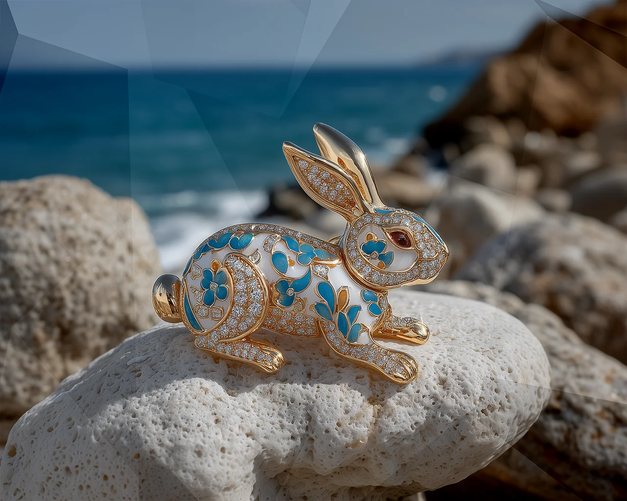 Custom gold rabbit brooch by CJD Fine Jewelry, featuring clear diamonds, blue enamel, and a ruby. Custom gold rabbit brooch by CJD Fine Jewelry, featuring clear diamonds, blue enamel, and a ruby.