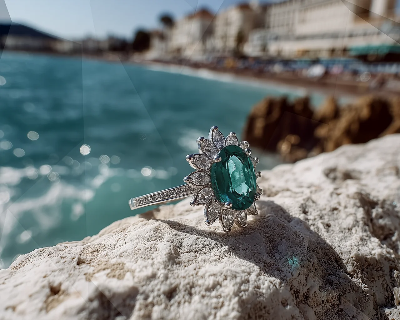 A custom white-gold ring from CJD Fine Jewelry featuring clear diamonds and a large oval Paraiba tourmaline. A custom white-gold ring from CJD Fine Jewelry featuring clear diamonds and a large oval Paraiba tourmaline.