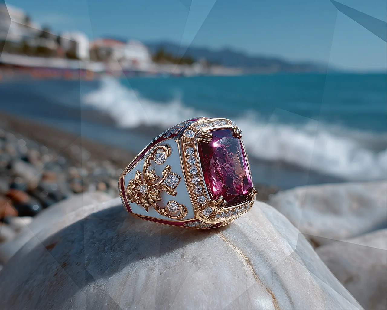 A custom gold men’s signet ring from CJD Fine Jewelry featuring spinel, diamonds, and enamel. A custom gold men’s signet ring from CJD Fine Jewelry featuring spinel, diamonds, and enamel.