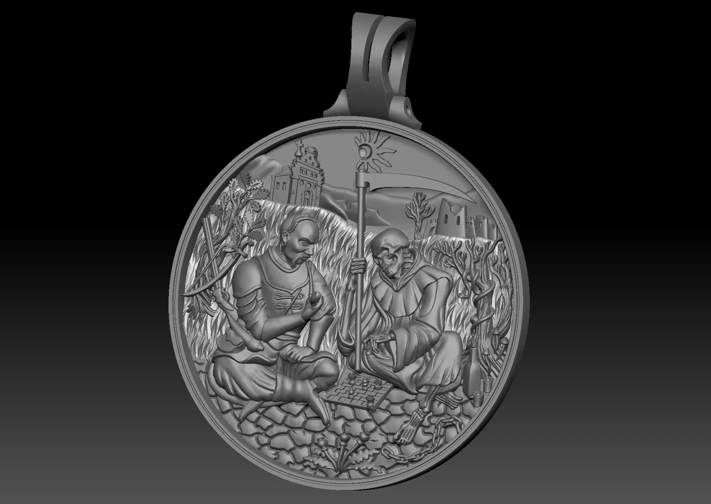 CJD Fine Jewelry 3D model of a round pendant with a bas-relief of a soldier playing chess with death.