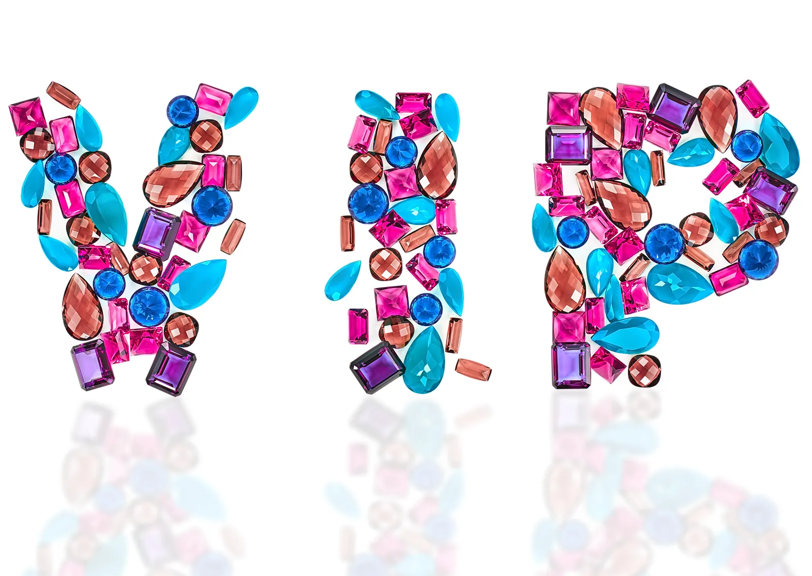 Different gemstones with various cuts are arranged to form the word VIP