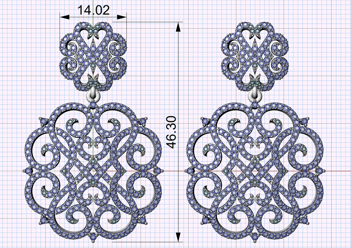 3D model of pattern pendant earrings with small sapphires. Do you use 3D modeling in your custom jewelry design?