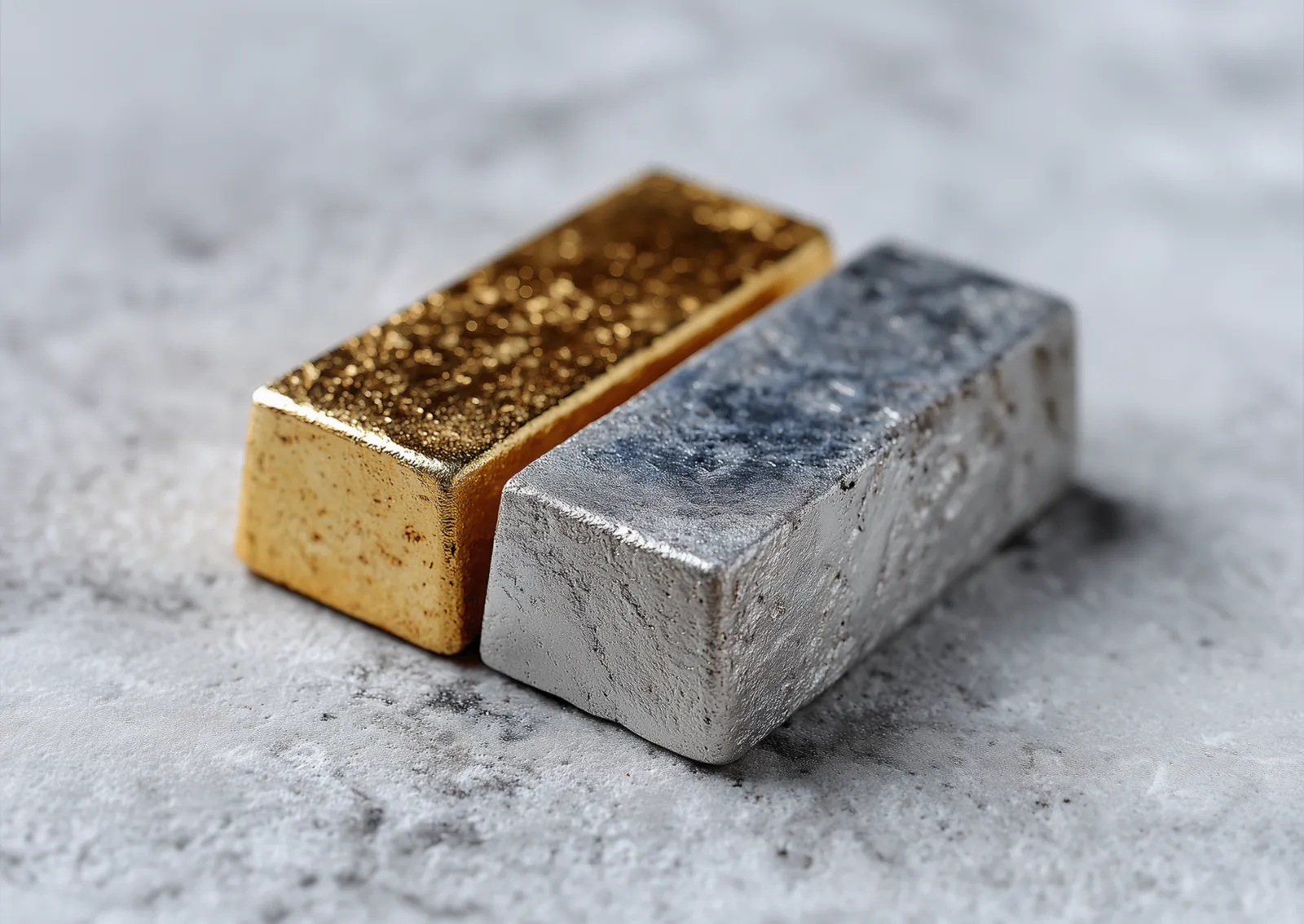 A gold bar lies opposite a platinum bar