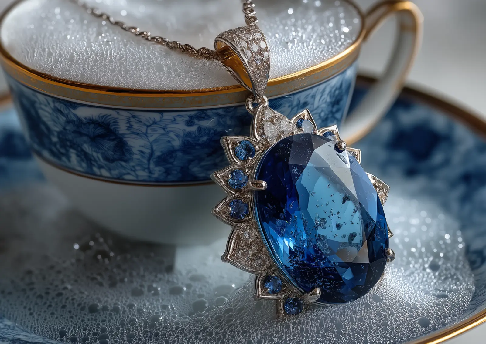 A white-gold pendant with a large oval sapphire and diamonds is being washed in a porcelain cup filled with foam.