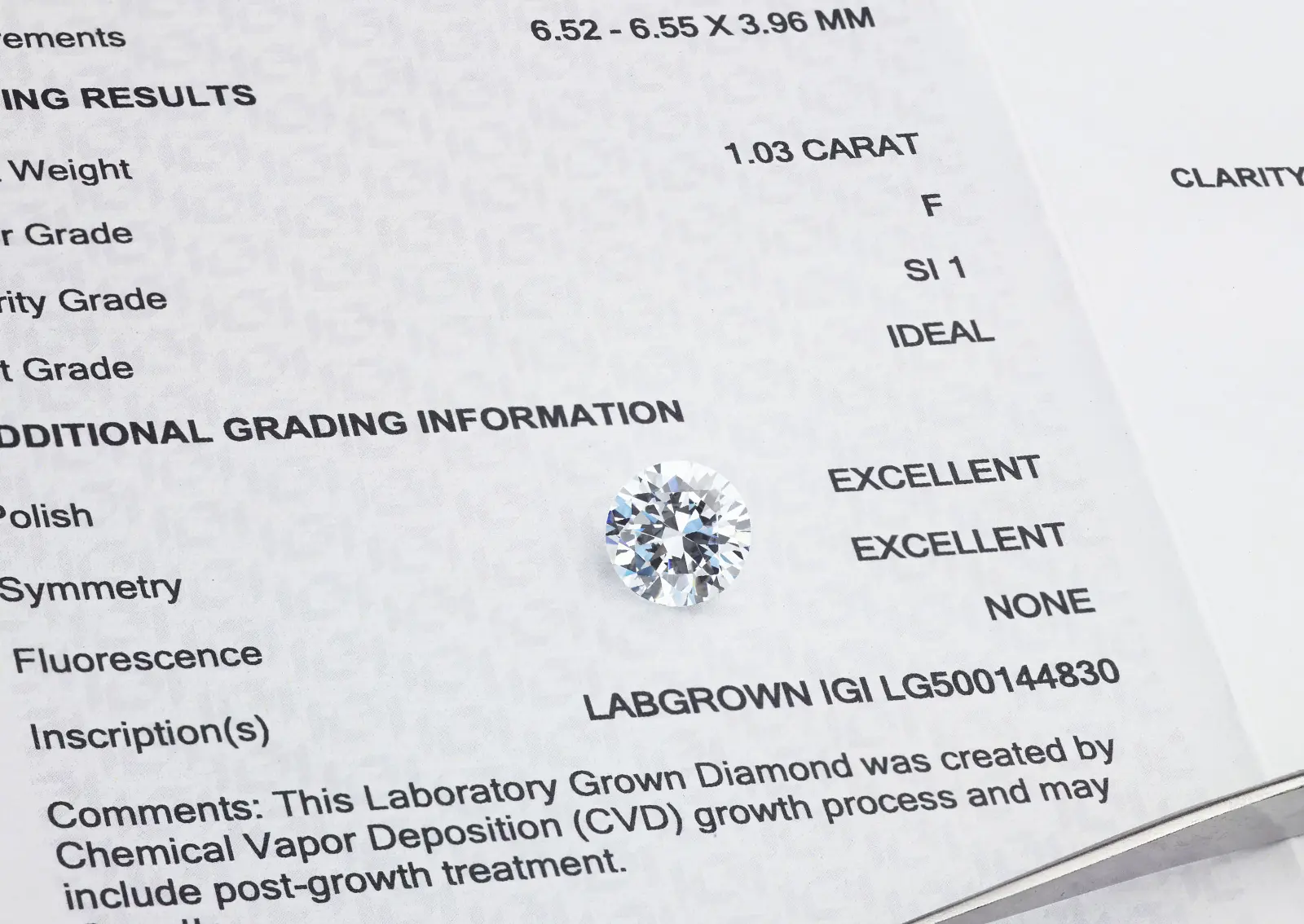 The IGI-certified lab-grown diamond is displayed on the certificate. Are your diamonds and gemstones certified and ethically sourced?