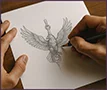 Artist sketches a custom jewelry design of an eagle pendant with a round gemstone using pencils on paper.